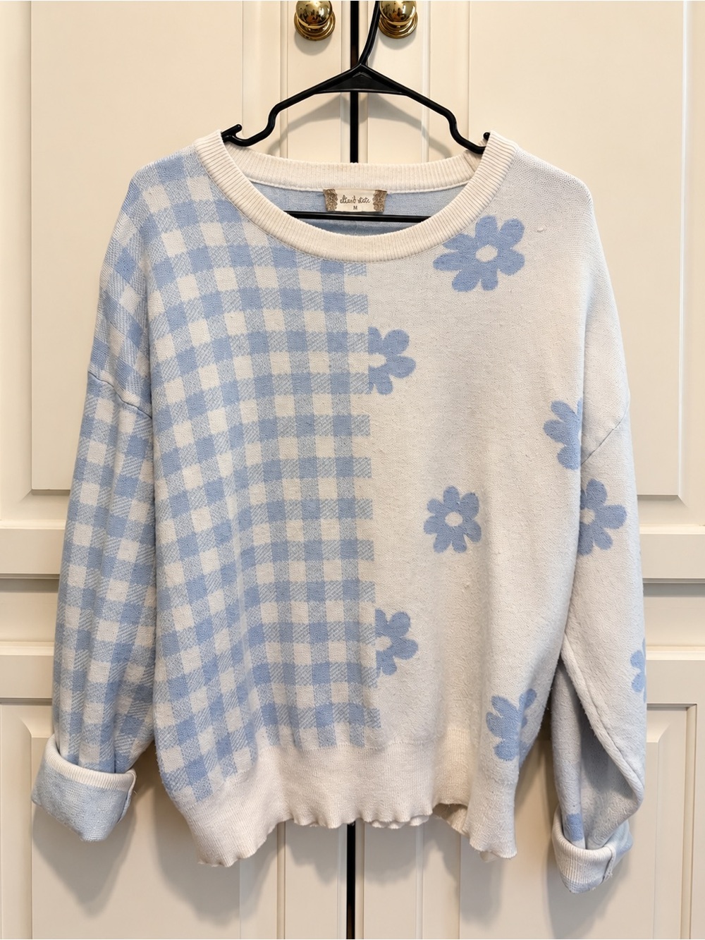 Altar'd State Light Blue and White Floral Gingham Crewneck Sweater